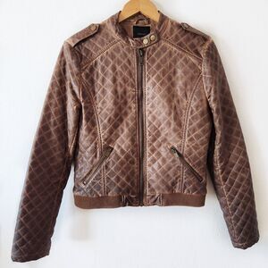 Forever 21 Ladies Faux Leather Bomber Quilted Jacket Brown Biker Sz M *READ*